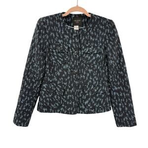 Helene London Collarless Blazer Small Blue Metallic Patterned Full Button Front